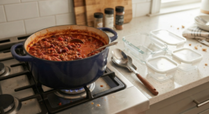 Budget Meal Planning for a Family of 4: A Practical Weekly Approach 3 Large batch of chili being portioned into containers for a family of four
