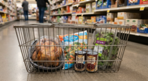 How to Start Meal Planning When You Hate Cooking (A Realistic Guide) 3 Grocery basket with rotisserie chicken, frozen vegetables, and canned beans for easy meals