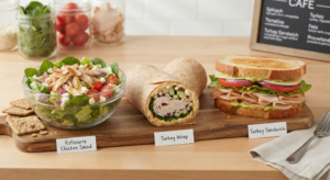 A salad, wrap, and sandwich made from the same rotating ingredients