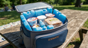 Insulated cooler bag with ice packs keeping no cook meals cold outdoors