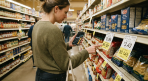 Shopper comparing unit prices while grocery shopping on a budget.