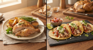 One roasted chicken transformed into two separate budget friendly meals.
