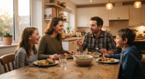 Family sharing a dinner together at home during a regular weeknight