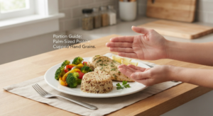 Meal Planning for Weight Loss: A Sustainable Approach That Does Not Rely on Willpower 2 Visual hand based portion size comparison used in weight loss meal planning.