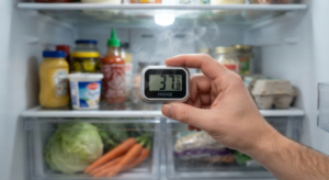 5 Rules in Every Safe Meal Prep Storage Guide 2 Digital thermometer being used to check refrigerator temperature for safe food storage