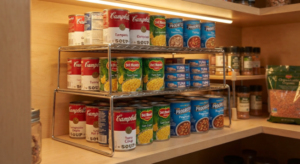 7 Best Simple Steps on How to Organize a Small Kitchen Pantry 2 A realistic close up photo of stackable wire shelf risers holding canned goods on a narrow pantry shelf, showing how the risers create a second usable tier, warm kitchen lighting.