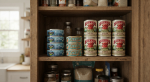 10 Essential Low Carb Pantry Staples List for Healthy Cooking 2 Canned tuna, salmon, and diced tomatoes stacked on a home pantry shelf