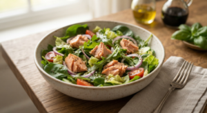 10 Essential Low Carb Pantry Staples List for Healthy Cooking 3 A quick salad made with canned salmon, greens, and an olive oil vinegar dressing from pantry staples