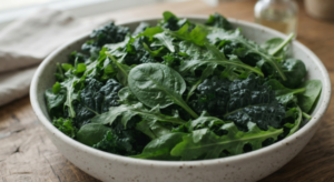 How to Build a Balanced Salad: 5 Step Method 2 A mix of dark leafy greens including spinach, arugula, and kale used as a salad base