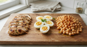How to Build a Balanced Salad: 5 Step Method 3 Grilled chicken, hard boiled eggs, and chickpeas shown as protein options for building a balanced salad