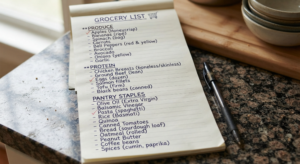 Meal Planning for Beginners Step by Step: A Complete Starter Framework 3 Example grocery list organized by food category for beginner meal planning