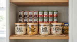 Meal Planning for One Person on a Budget: A Realistic Weekly System 3 Organized pantry shelf with affordable staples for single person meal planning