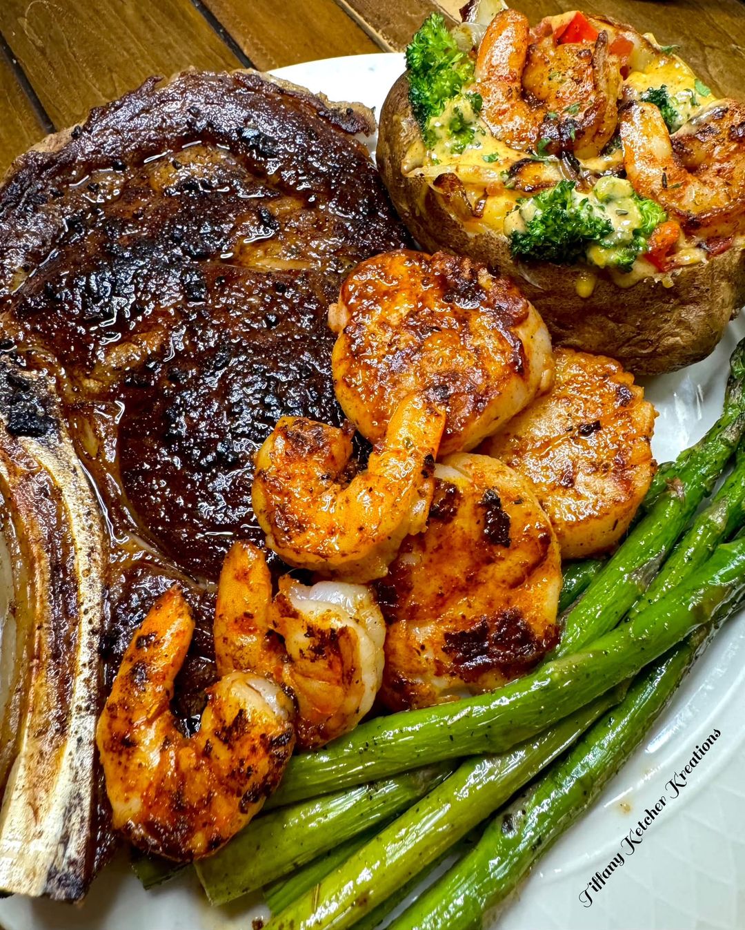 Cowboy Ribeye, Scallops, Shrimp, Asparagus