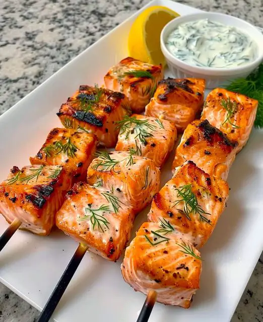 Grilled Salmon Skewers With Creamy Dill Yogurt Sauce