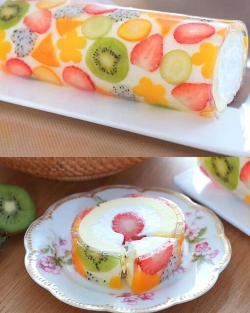 Milk Cream and Strawberry Jelly Roll Cake
