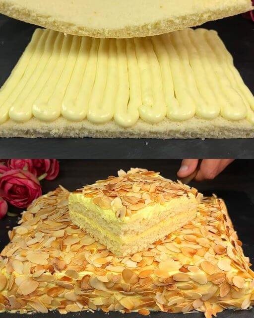 Lemon Sponge Cake with Lemon Cream and Almond Topping 1 Lemon Sponge Cake with Lemon Cream and Almond Topping