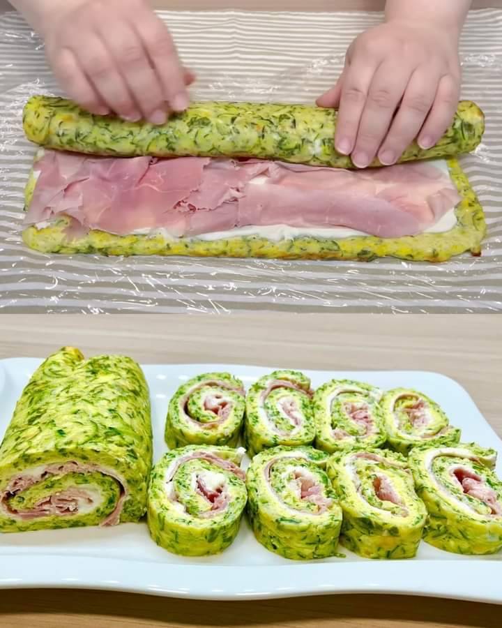 Zucchini Roll Stuffed with Ham and Cheese