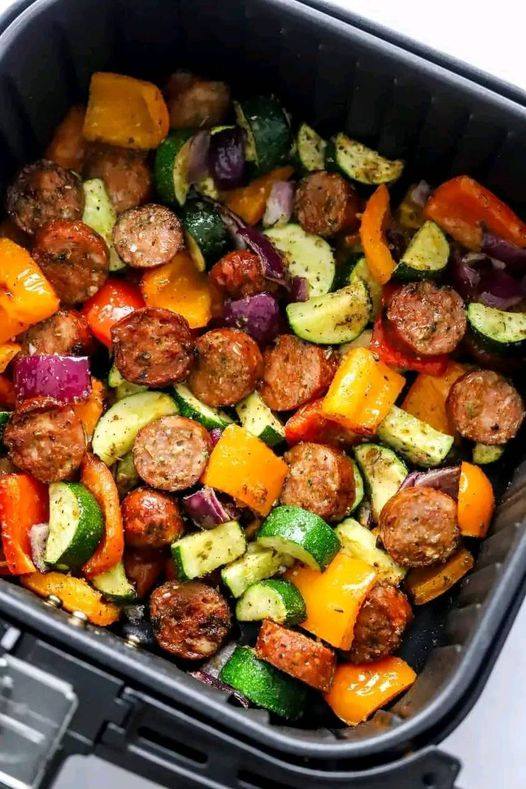 chicken sausage and vegetables cooked in an air fryer 1