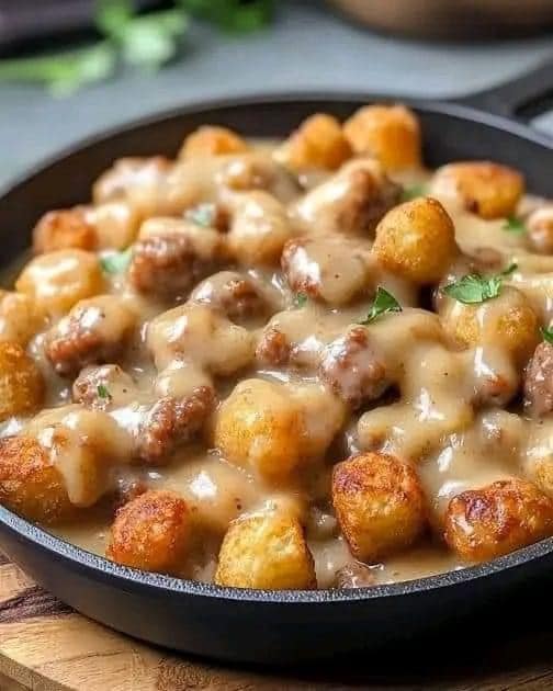 Cheesy casserole with tater tots and meatballs 1