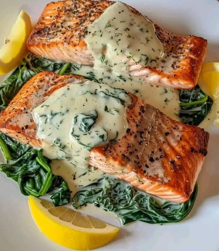 Salmon with Creamy Spinach Sauce  1
