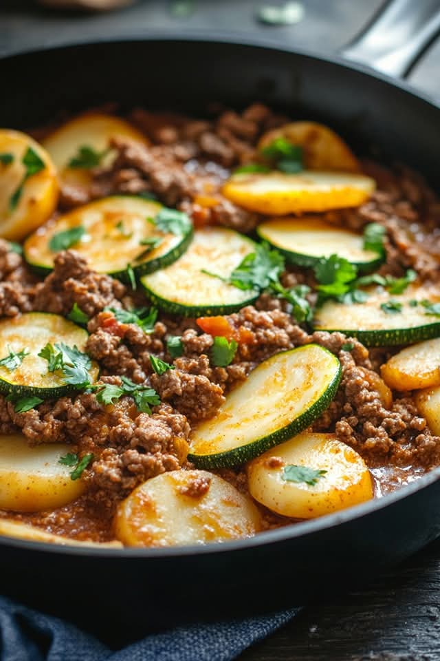 Zucchini and Potatoes in Coffee Sauce with Ground Beef 1