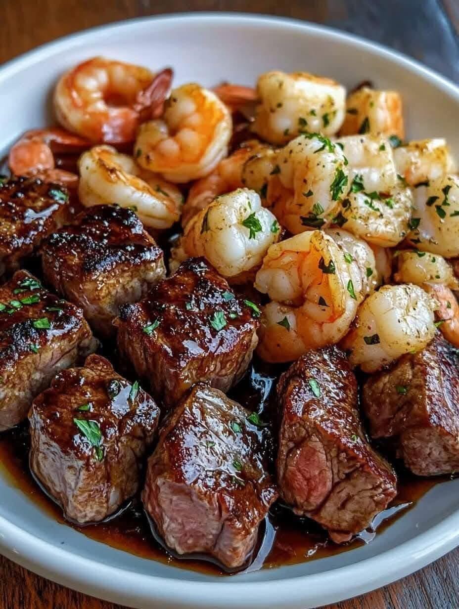 Butter Soy Glaze with Shrimp and Savory Steak Bits 1