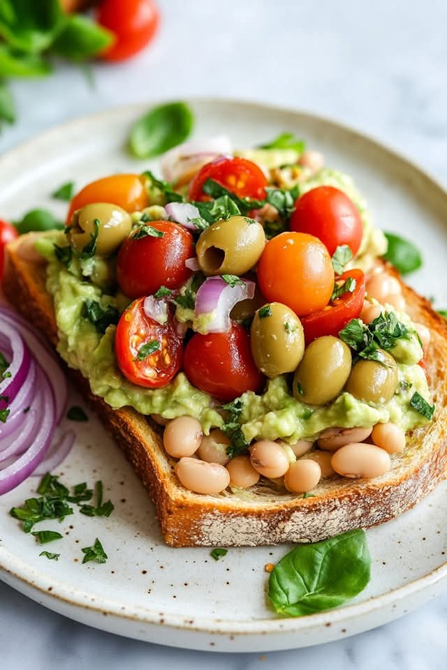 White Beans Toast with Avocado Cream & Olive Salad 1