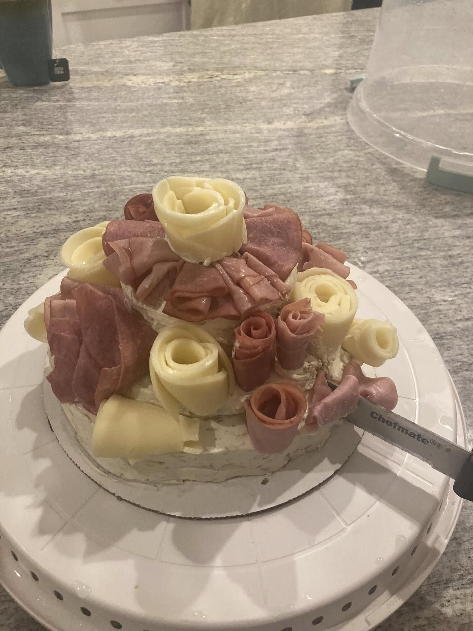 Triple Meatloaf Stack with Cream Cheese and Lunch Meat Garnish 1