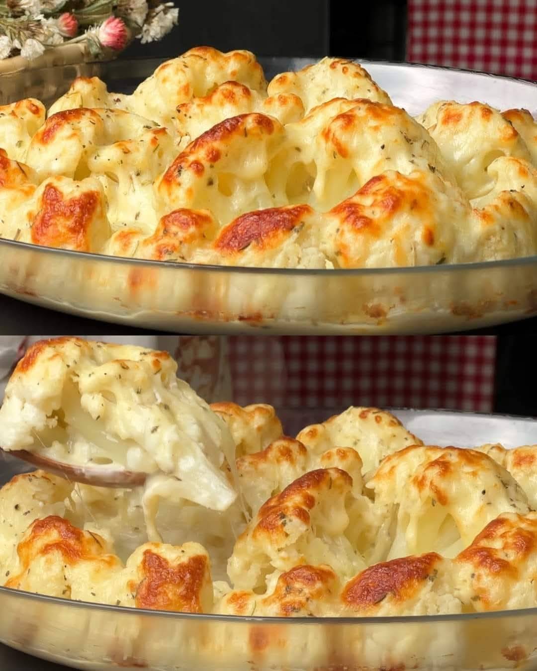 Baked Cauliflower with Creamy Cheese Sauce and Tomato-Anchovy Sauce