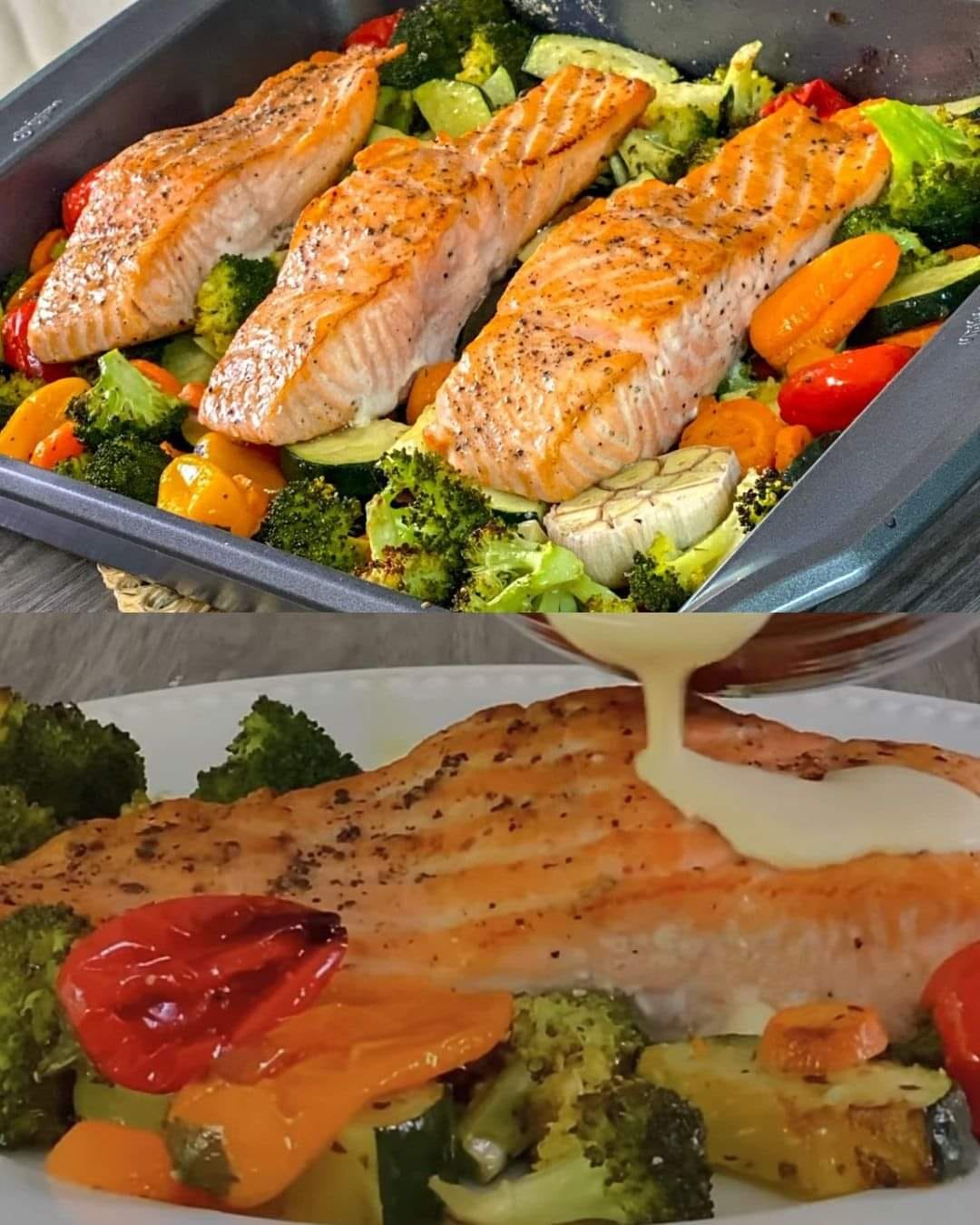 Baked Salmon with Roasted Vegetables & Creamy Garlic Sauce 1