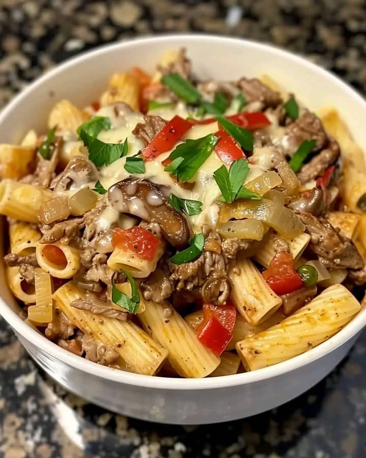 Mediterranean-Inspired Crockpot Philly Cheesesteak Pasta Casserole 1