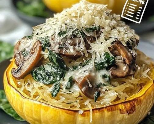 Creamy spinach and Mushroom stuffed spaghetti sqaush 1
