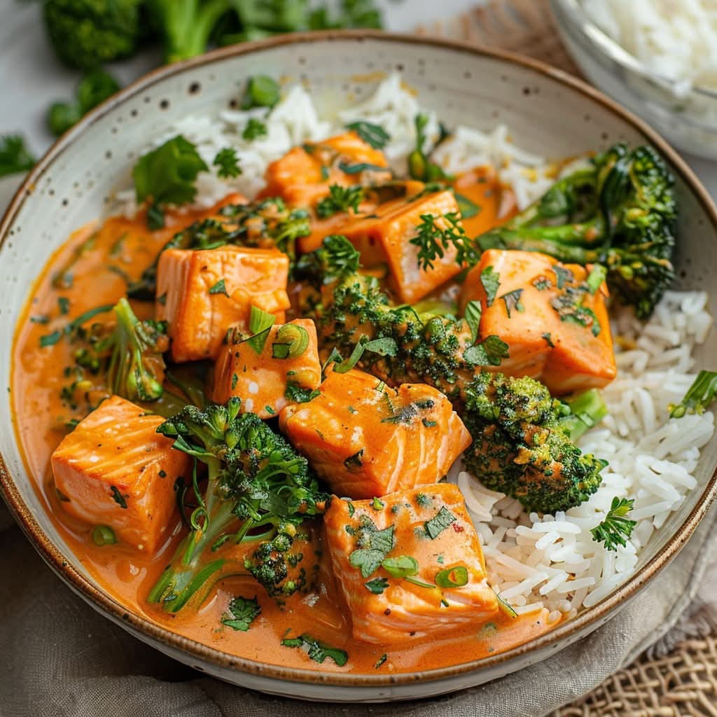 Creamy coconut Curry Salmon with Tender Broccoli 1