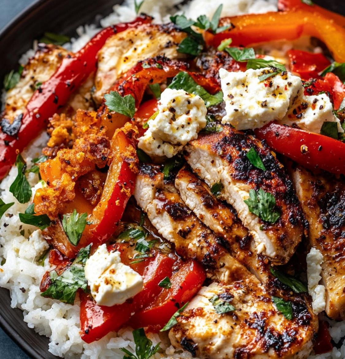 Grilled Chicken with Peppers and Feta Over Rice 1