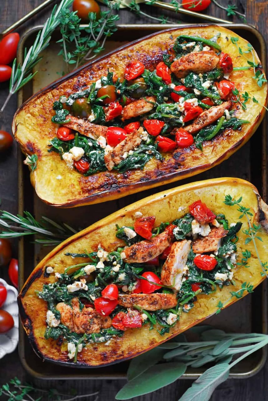 Stuffed Roasted Butternut Squash with Chicken Spinach and Feta 1