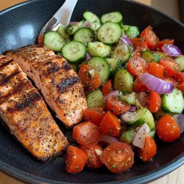 Grilled Salmon with cucumber Tomato salad 1
