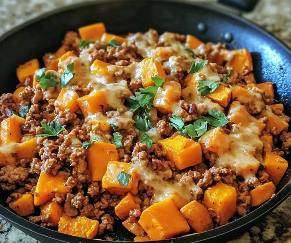 Cheesy Ground Beef & Butternut Squash Skillet 1