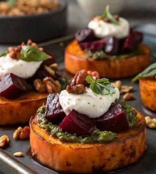 Sweet Potato Rounds with Burrata, Roasted Beets & Walnut Sage Pesto 1