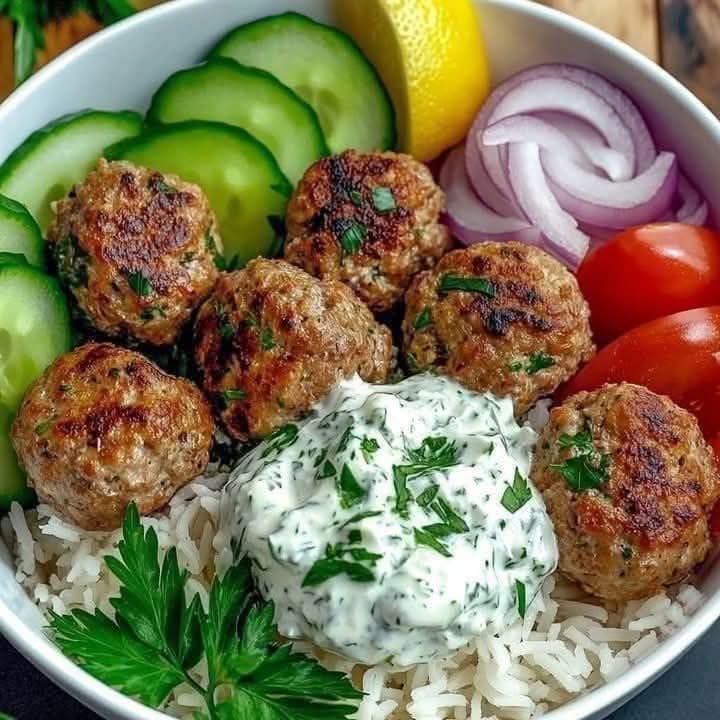Greek Meatball Bowl with Tzatziki, Rice & Fresh Veggies 1