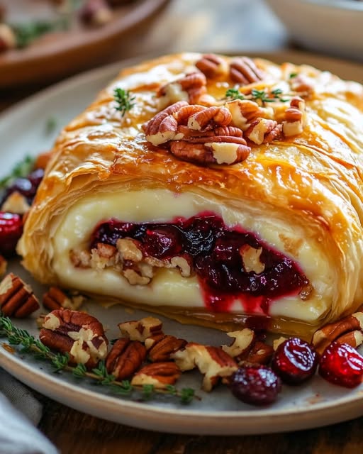 Baked Brie with Puff Pastry, Cranberry-Pepper Jelly, and Pecans 1