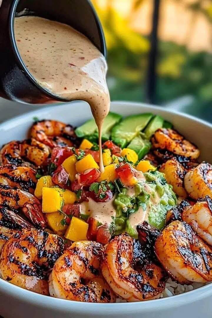 Mediterranean Shrimp & Avocado Bowls with Mango-Cucumber Salsa & Lemon-Herb Sauce 1