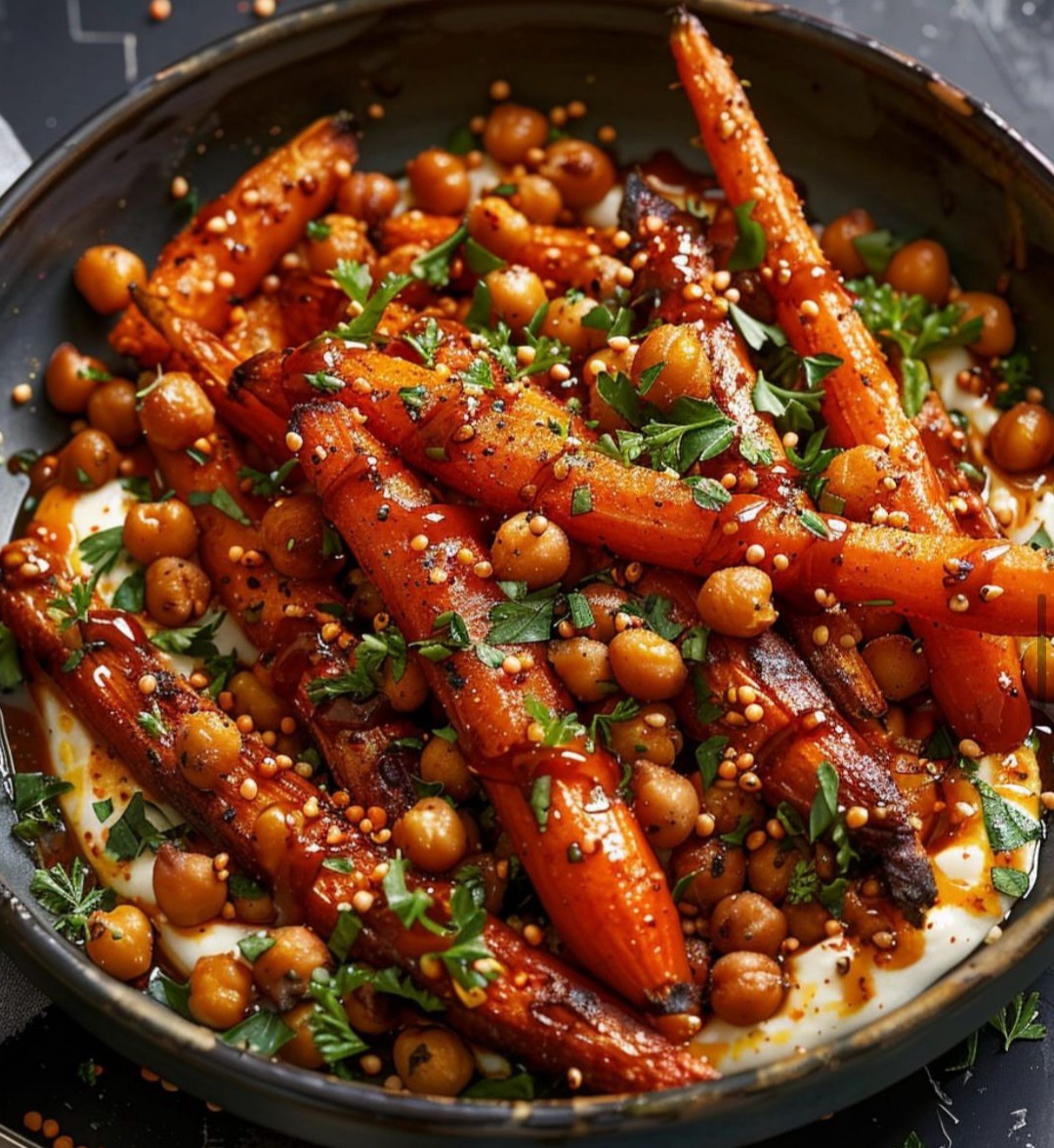 Roasted Carrots & Chickpeas with Spiced Yogurt and Mustard Seeds 1
