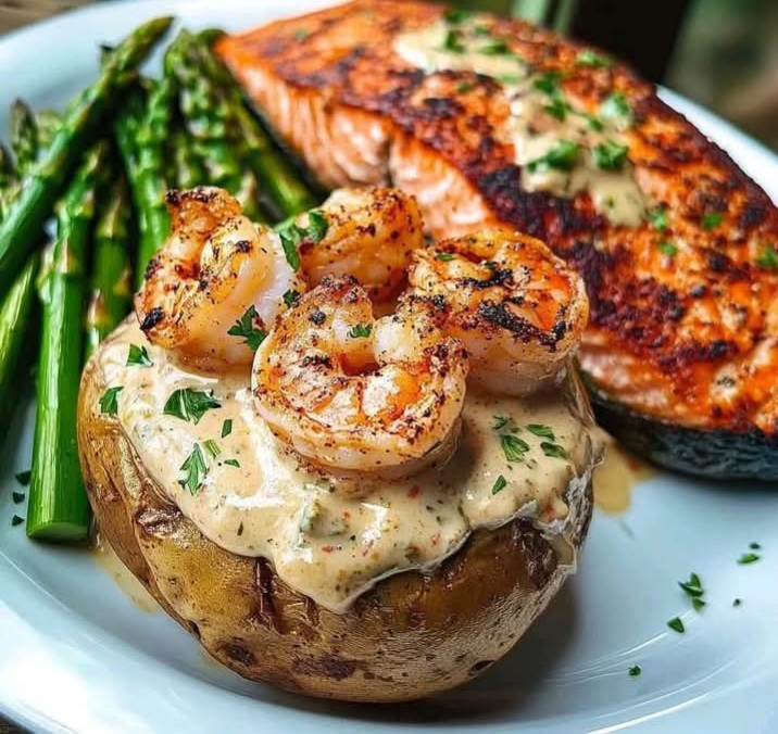 Blackened Salmon & Shrimp-Stuffed Baked Potato with Garlic Asparagus  1