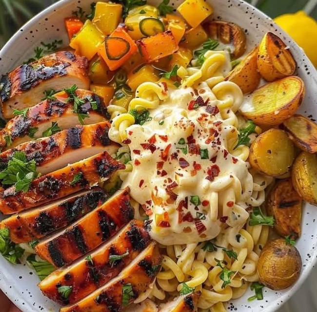 Hot Honey Lemon Chicken Alfredo with Parmesan-Garlic Roasted Potatoes 1