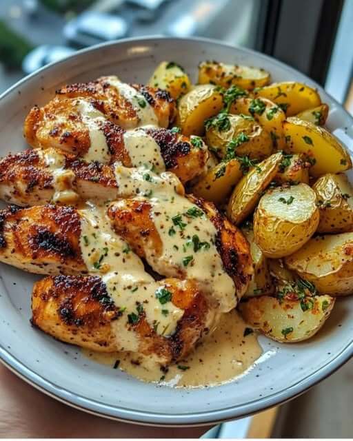 Greek Hot Honey Chicken Alfredo with Garlic Pesto Potatoes 1