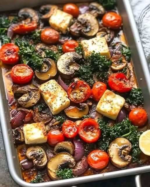 One-Pan Roasted Mushrooms & Halloumi with Tomatoes, Kale & Lemon 1