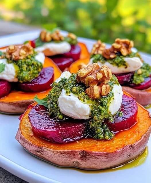 SWEET POTATOES WITH BURRATA, ROASTED BEETS & WALNUT SAGE PESTO 1