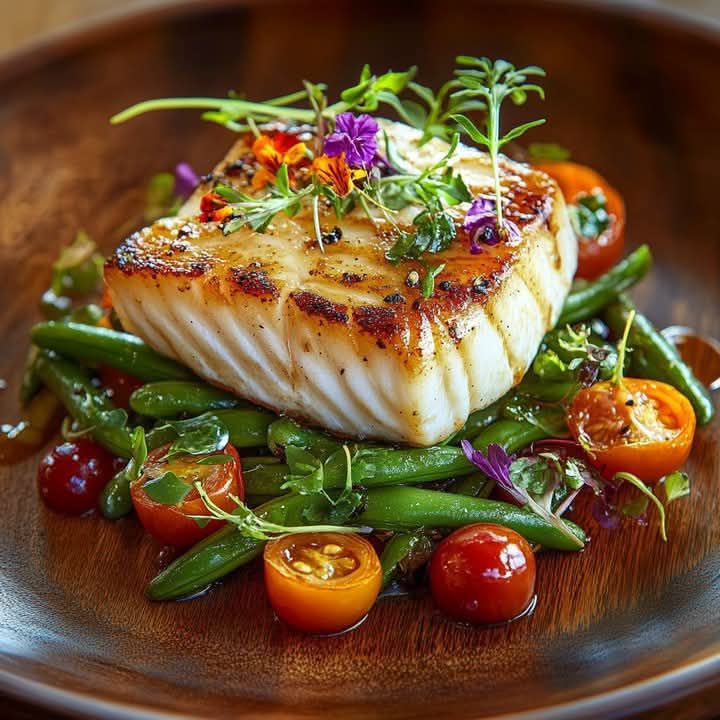 Halibut Steak on Sautéed Green Beans and Cherry Tomatoes 1