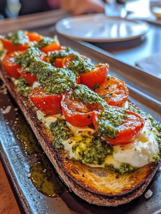 Bruschetta with Burrata, Pesto, and Roasted Tomatoes 1