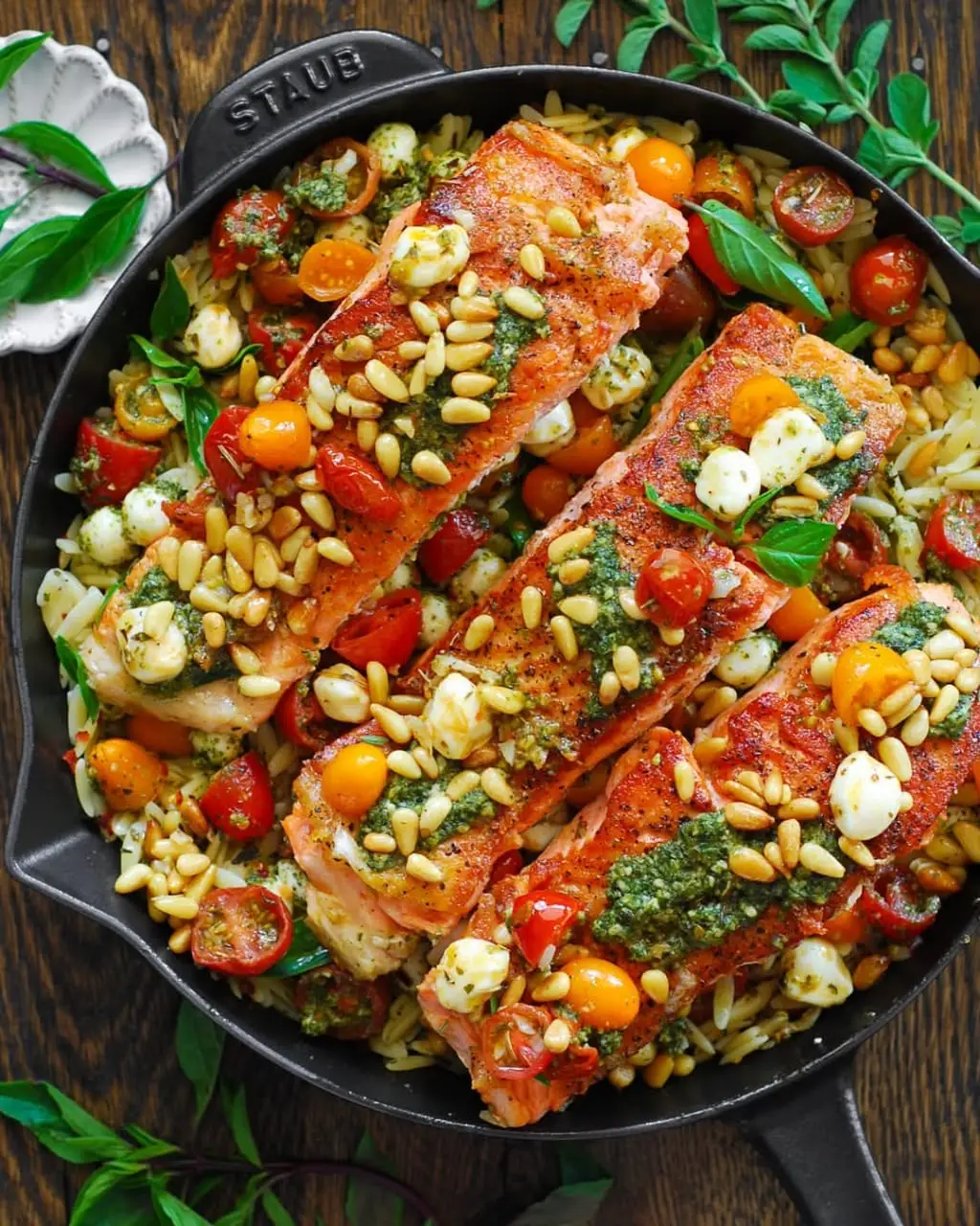 Pesto Salmon with Orzo Cherry Tomatoes & Pine Nuts 1